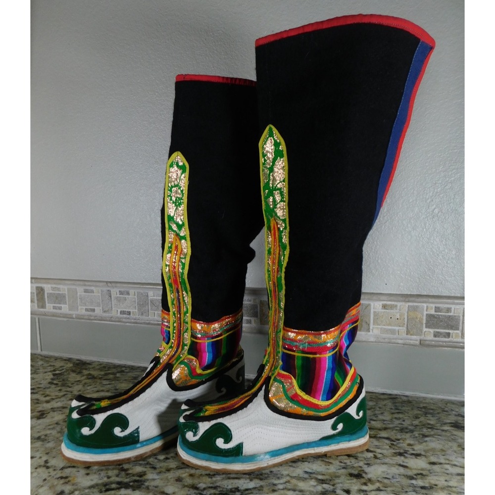 Vintage Mongolian Tibetan Tribal Handmade Wool Felt Leather Snow Boots Unisex - Picture 2 of 12